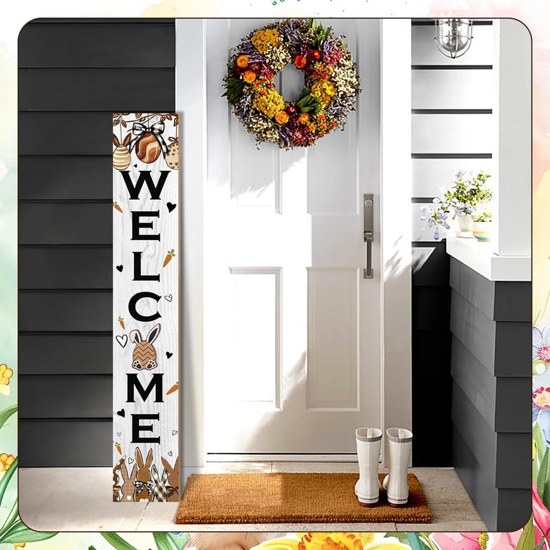 Seimip Easter Welcome Sign for Front Door, 47'' Tall Happy Easter Bunny Wooden Porch Sign for Patio, Rabbit Eggs Standing Vertical Door Signs Spring Rustic Yard Signs Seasonal Outdoor Signs for Garden - Image 2